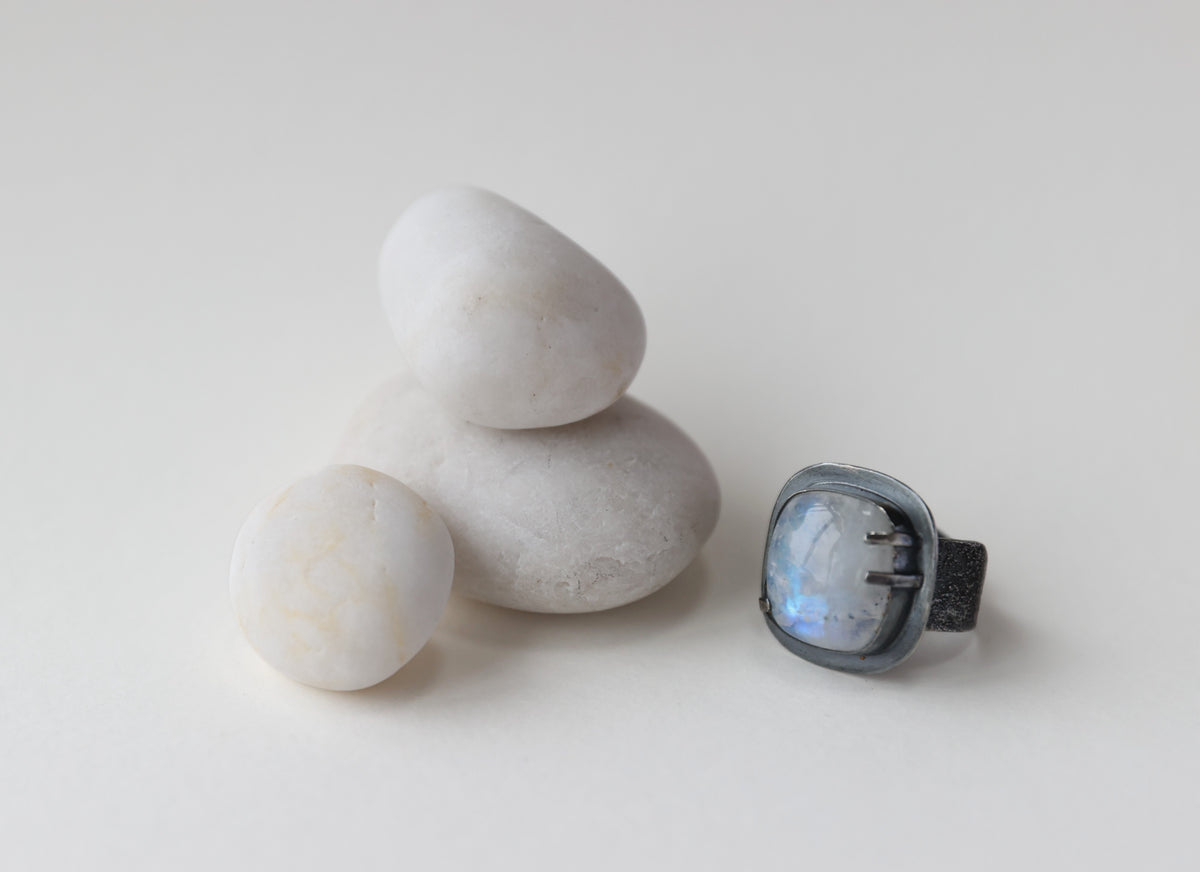 Square White Labradorite Ring
