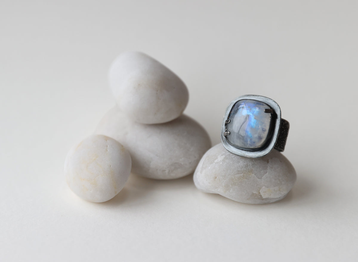 Square White Labradorite Ring