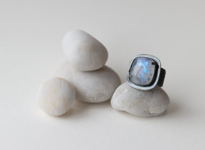 Square White Labradorite Ring