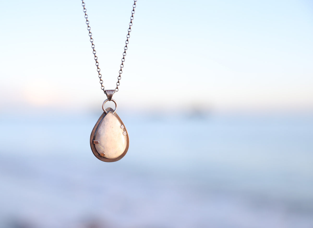 White Labradorite Sterling Silver Pendant Teardrop